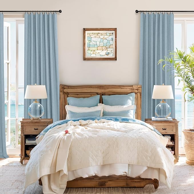 Light Blue Curtains for Bedroom 63 Inch Length 2 Panels Neutral Linen Textured - Image 2