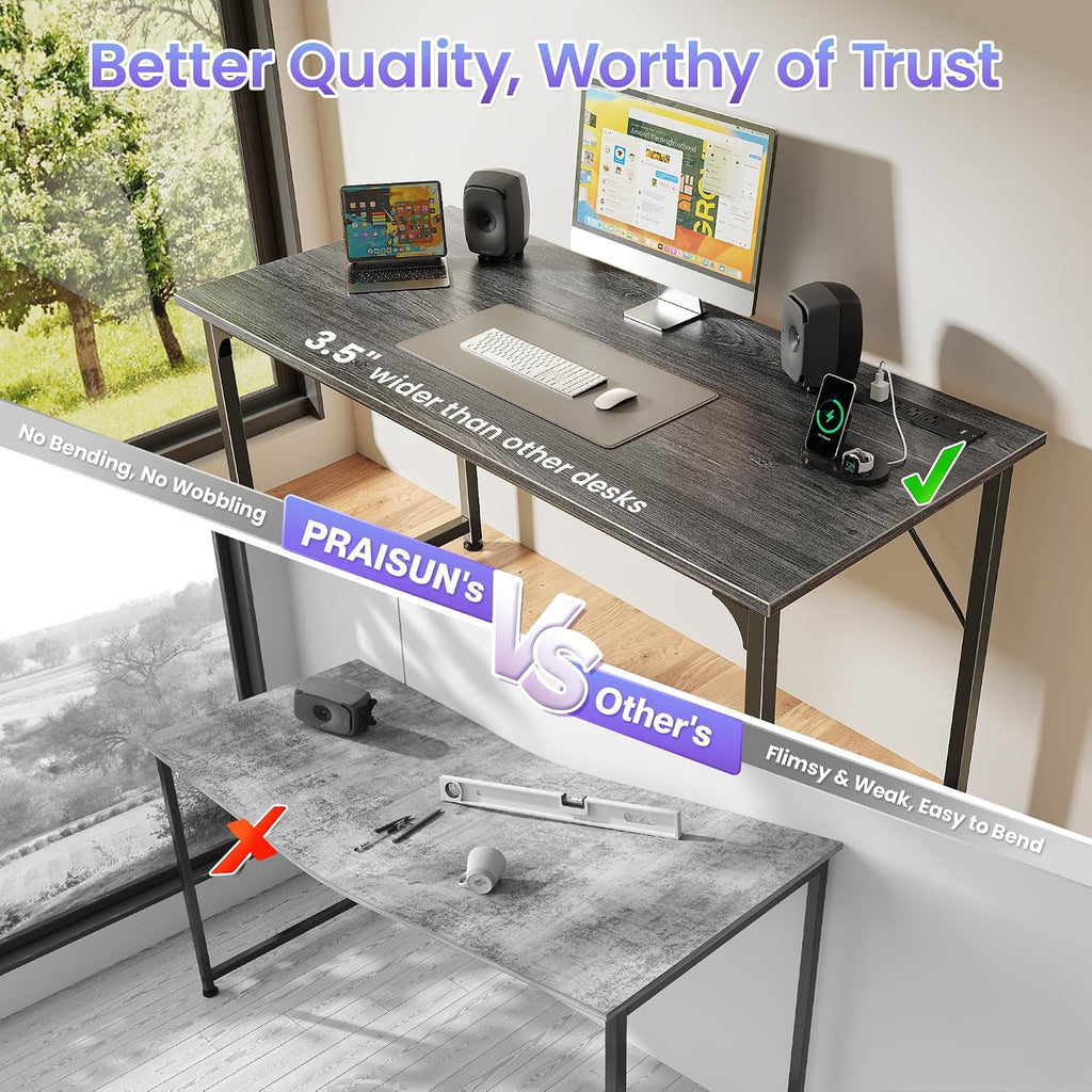 PRAISUN 47 X 20 Inch Computer Desk, Power Outlets, USB-C, Grey
