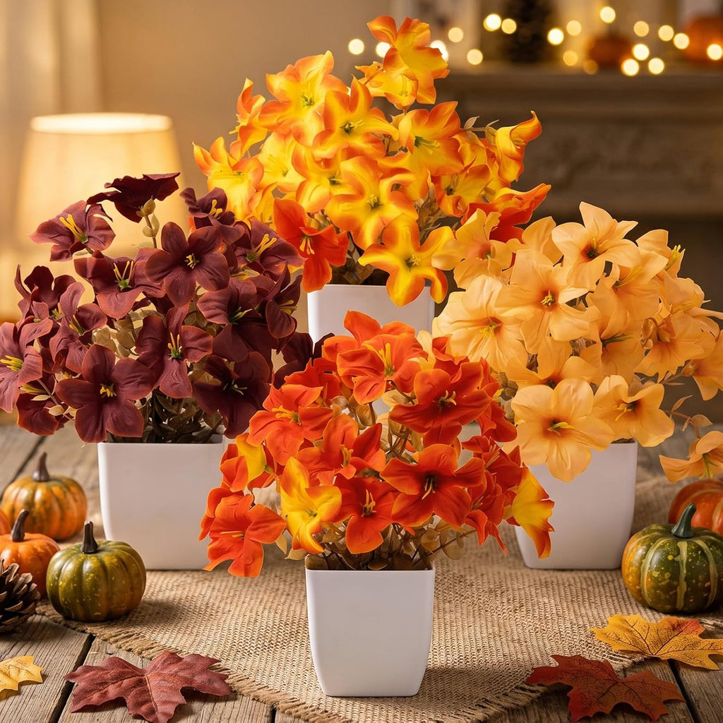 CEWOR 4 Pack Mini Fall Artificial Potted Plants, Fake Autumn Hibiscus Flowers with White Plastic Pots, Small Faux Floral Arrangement for Office Desk Bathroom Bedroom Table Decor