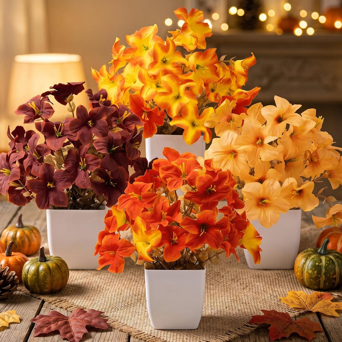 CEWOR 4 Pack Mini Fall Artificial Potted Plants, Fake Autumn Hibiscus Flowers with White Plastic Pots, Small Faux Floral Arrangement for Office Desk Bathroom Bedroom Table Decor