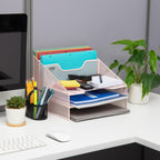 Mind Reader Metal Mesh Desktop File Organizer, 3-Tier Paper Tray with 5 Compartments, Office Mail Sorter, Pink