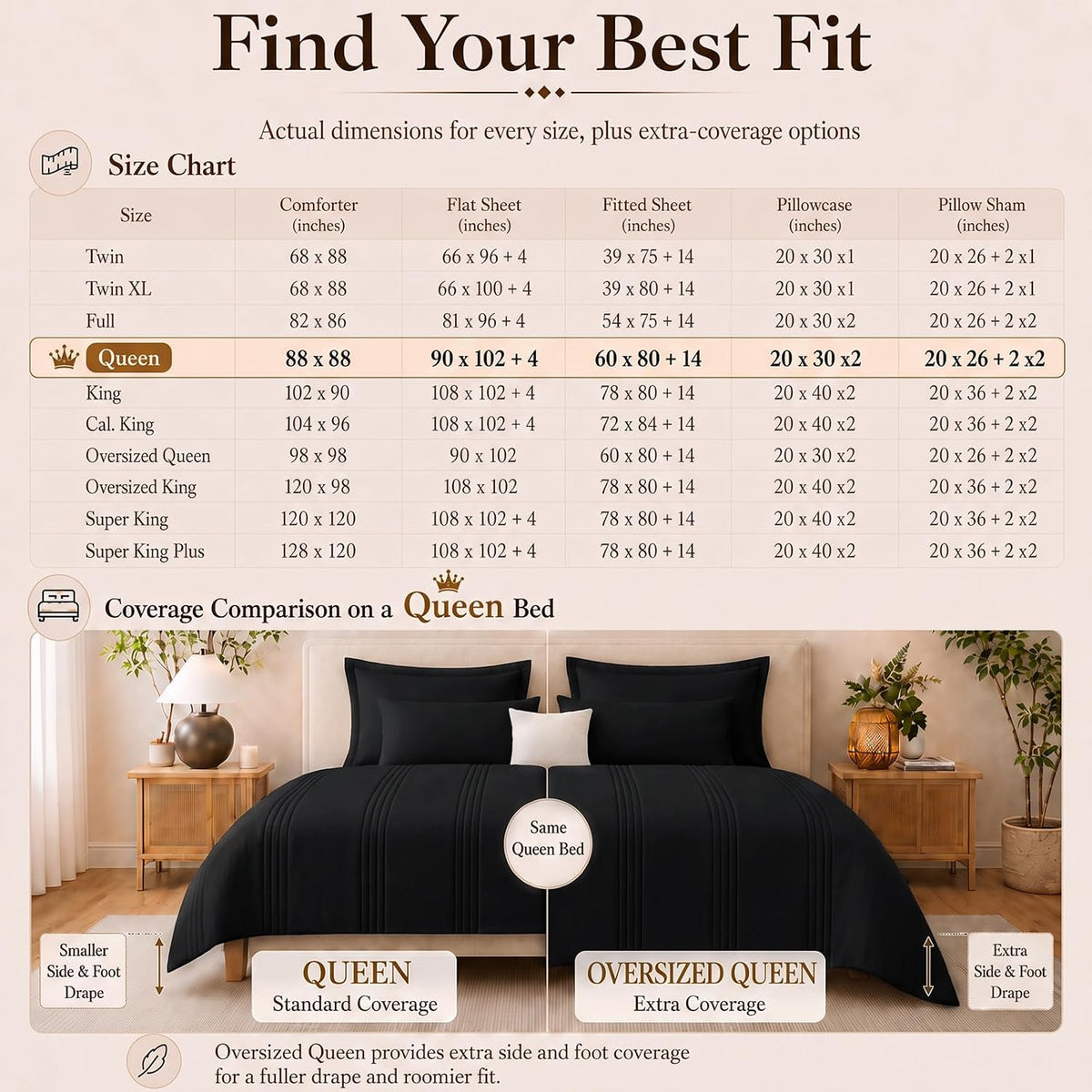 CozyLux Queen Comforter Set Black - 7 Pieces Vertical Quilted Bed in a Bag
