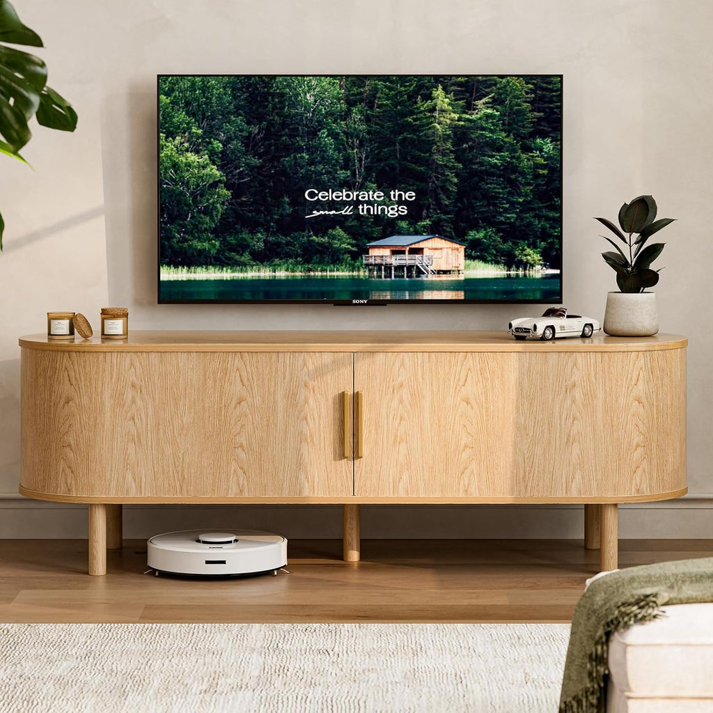 ZttRiee TV Stand with Sliding Doors for TVs up to 60", Mid-Century, Walnut
