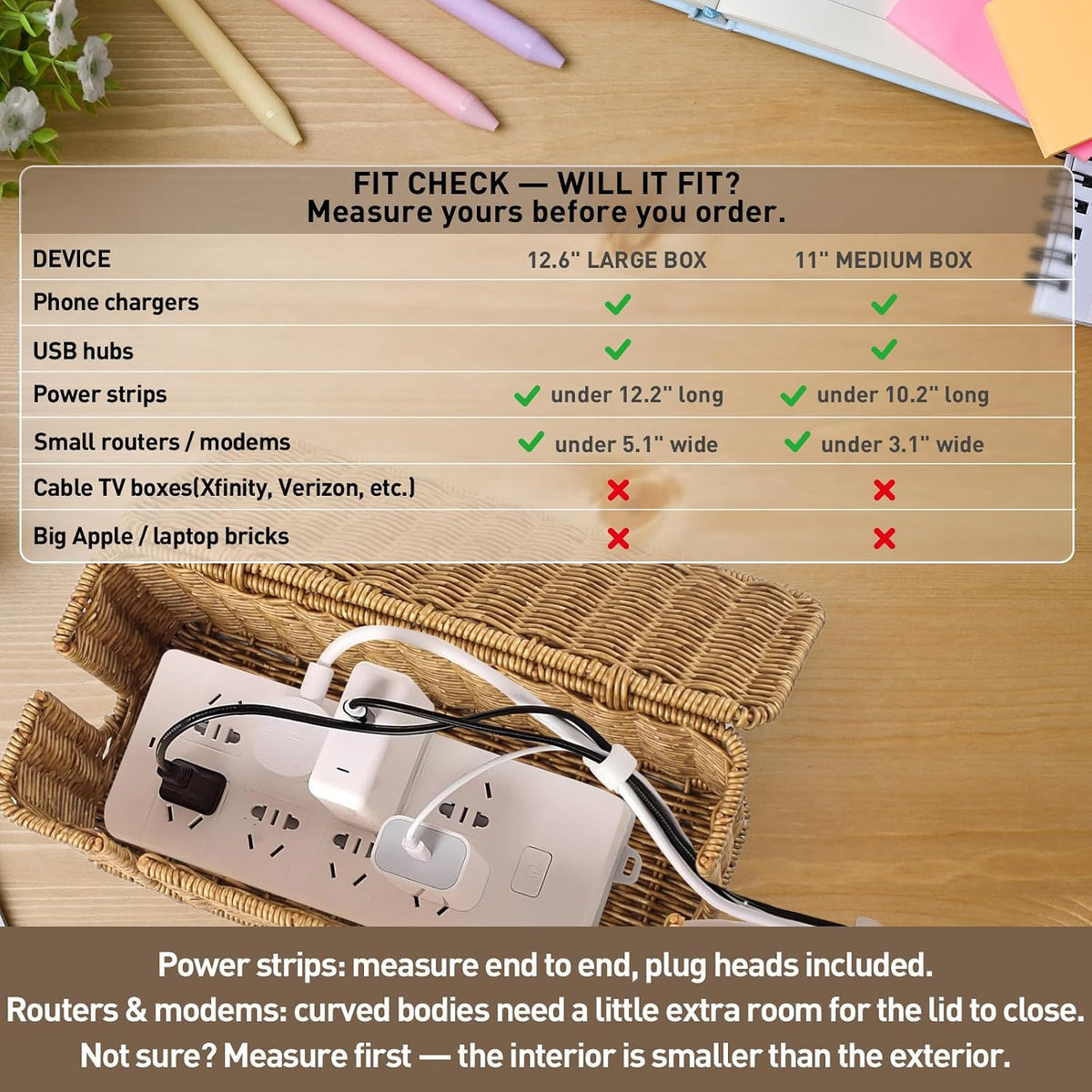 2 Pack Rattan Cable Management Box, Large Cord Organizer Box with Lid Under Desk Router Hider Storage Box with 4 Exits, Wire Box Hider for TV Wires Computer Surge Protector USB Hub Power Strip