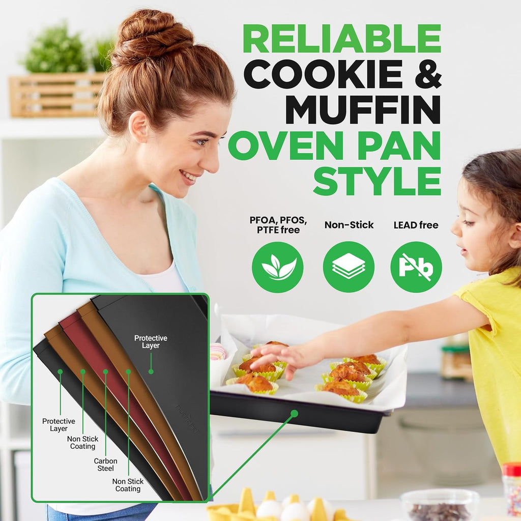 10-Piece Nonstick Bakeware Set - PFOA PFOS PTFE Free Food Grade Safe Carbon Steel Baking Tray Set - Oven Safe Up to 446°F, Pizza, Loaf, Muffin, Round/Square Pans, Cookie Sheet, Etc - NutriChef NCBS10S