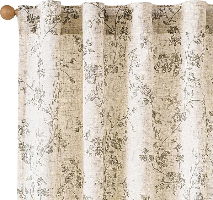 Lazzzy Grey Floral Linen Curtains 96 Inch Farmhouse Back Tab Drapes by Lazzzy