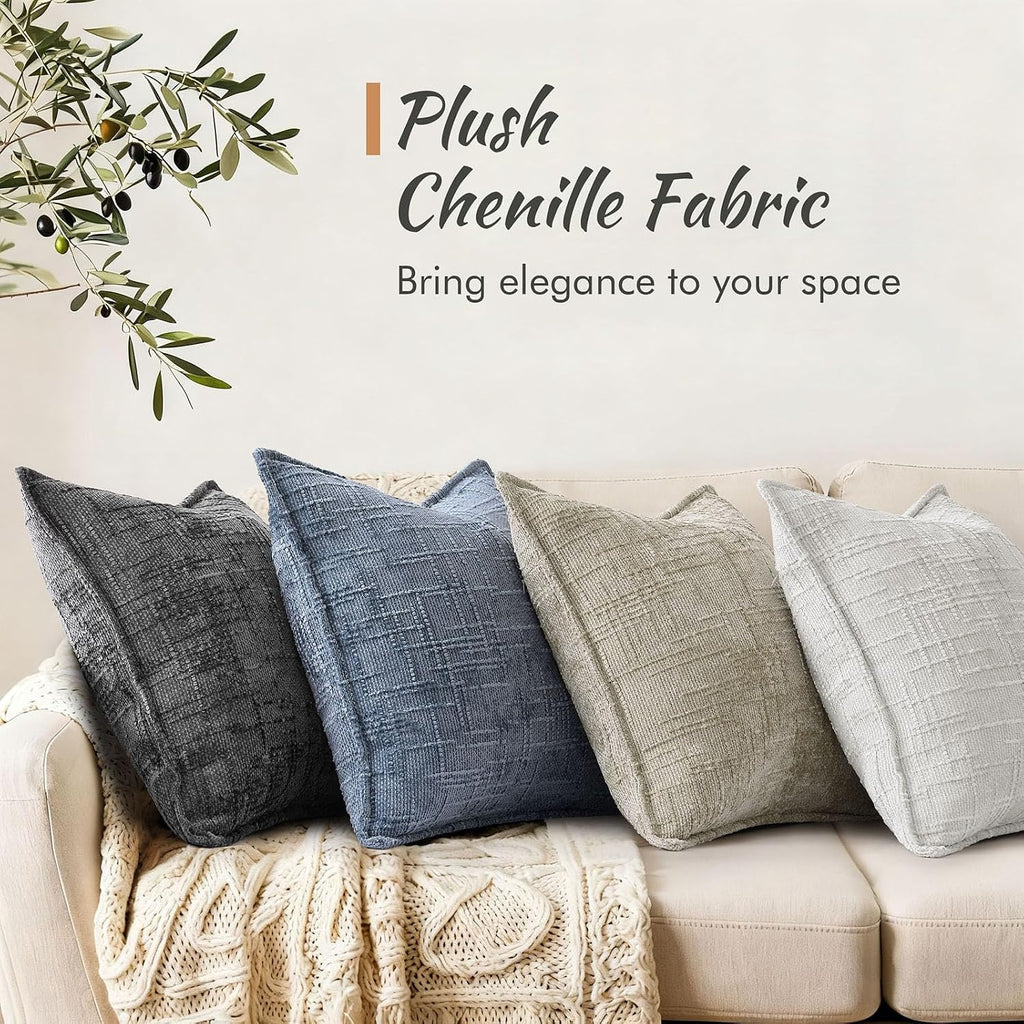 decorUhome Chenille Throw Pillow Covers 20x20 Set of 2, Blue Grey