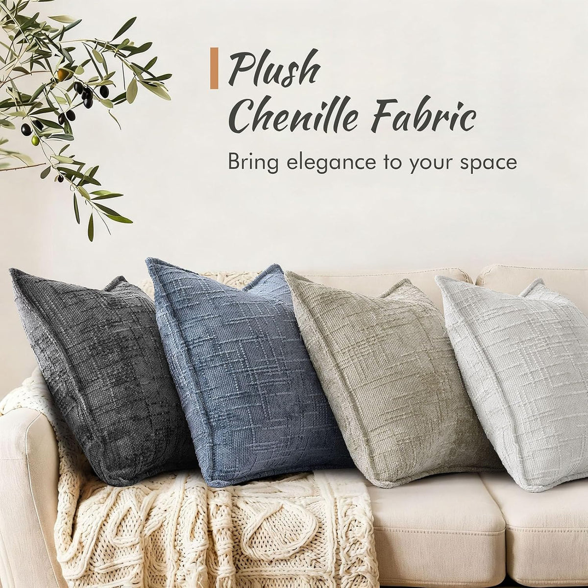 decorUhome Chenille Throw Pillow Covers 20x20 Set of 2, Blue Grey