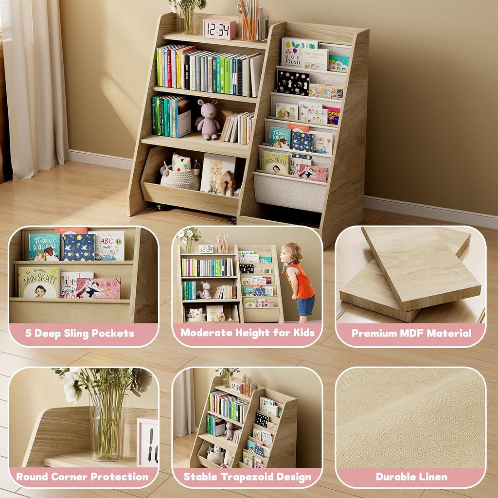 Kids Bookshelf, 4 Tier Toddler Bookcase with Toy Storage Drawer