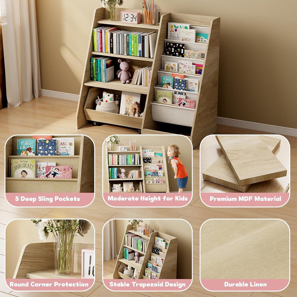 Kids Bookshelf, 4 Tier Toddler Bookcase with Toy Storage Drawer