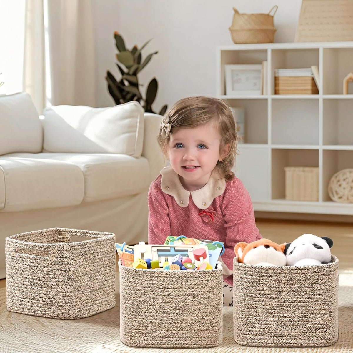 3 Pack Cube Storage Bin, 9”x9”x7” Cotton Rope Woven Baskets for Organizing Toys Clothes Towels, Square Gift Storage Baskets for Shelves, Nursery, Closet, Bathroom, Pantry (Jute)