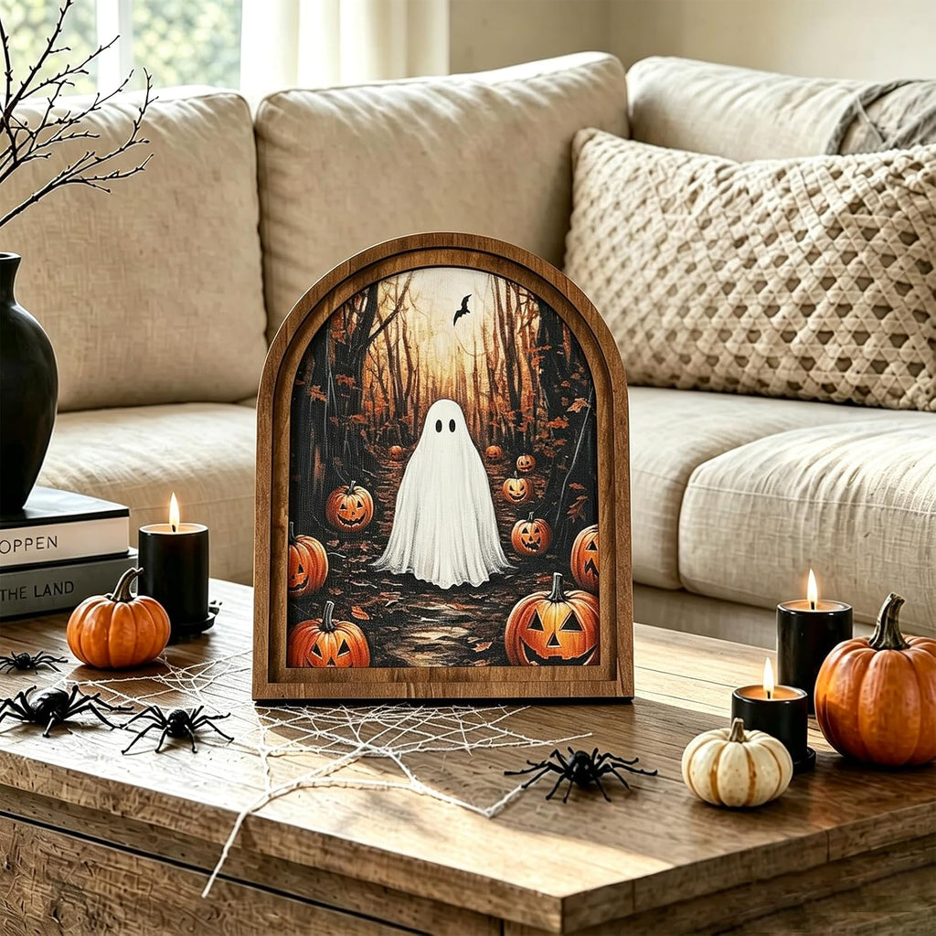 DAZONGE Halloween Wood Framed Arch Sign, Haunted Halloween Ghost Decor