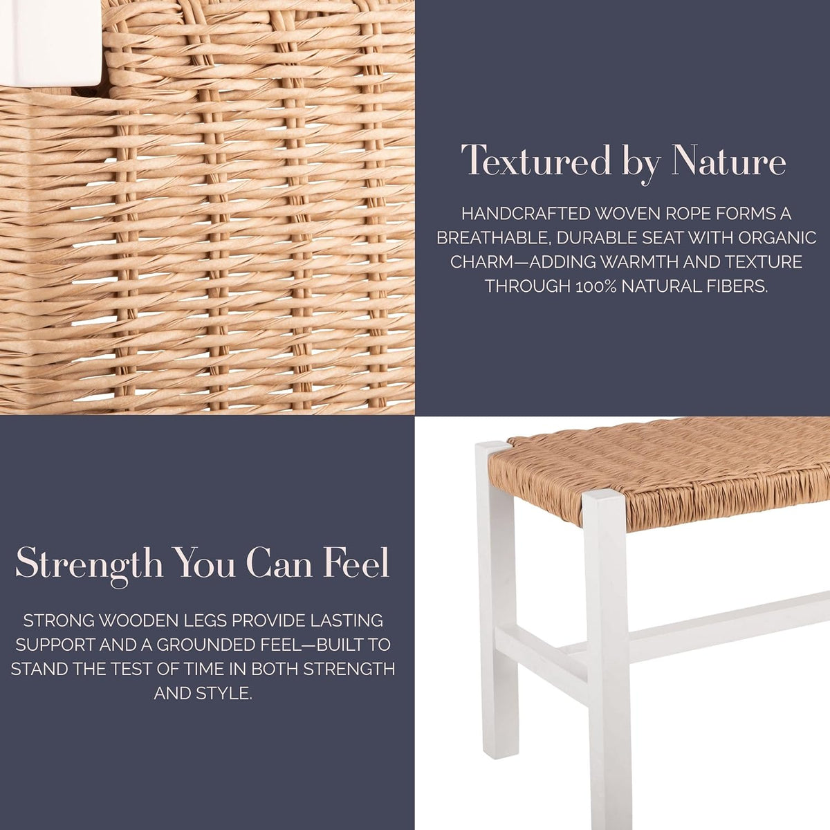 Alaterre Newport Solid Wood Entryway Bench with Woven Rope Seat, White