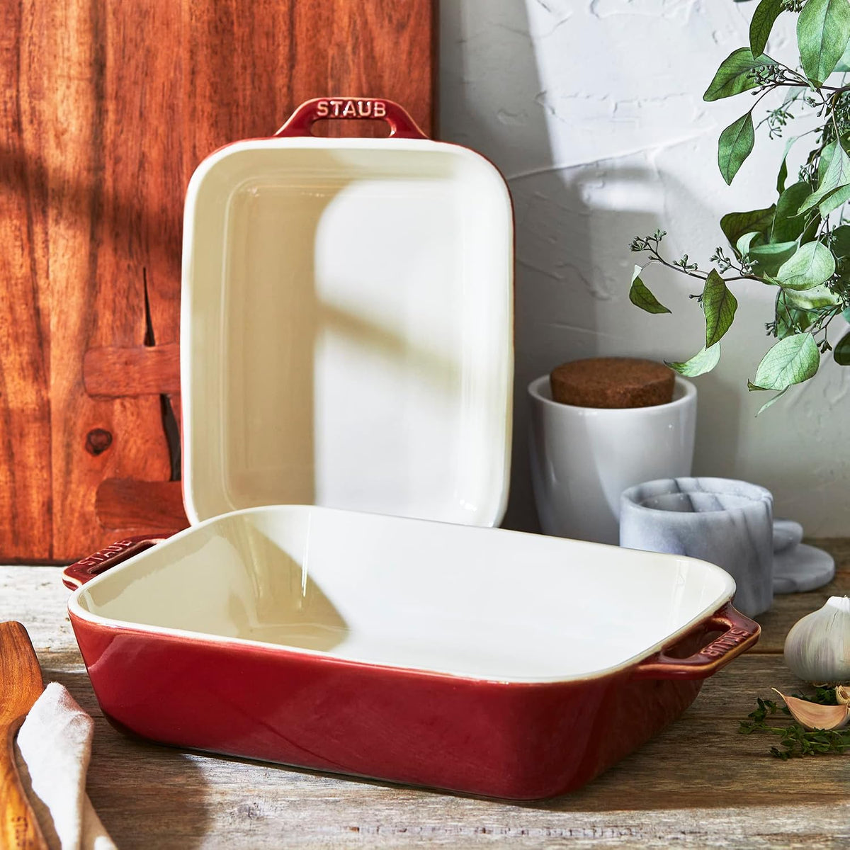 STAUB Ceramic Rectangular Baking Dish Set, 2 pc, Red