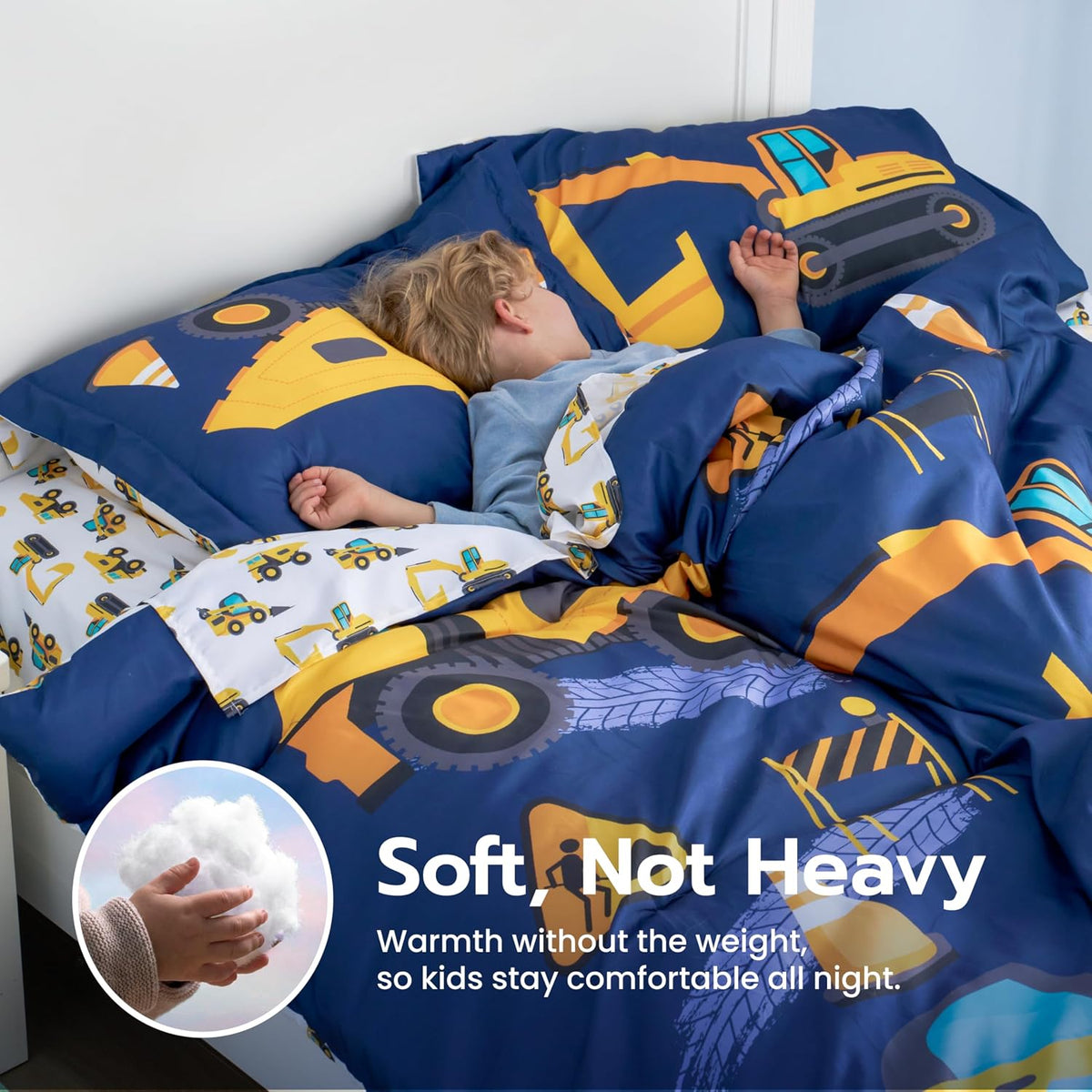 Joiedomi Kids Comforter Set Bedding Set for Boys Girls Super Soft Microfiber Bed in a Bag with Comforter Sheets Pillowcase Sham, Dark Blue Construction Vehicle, Twin