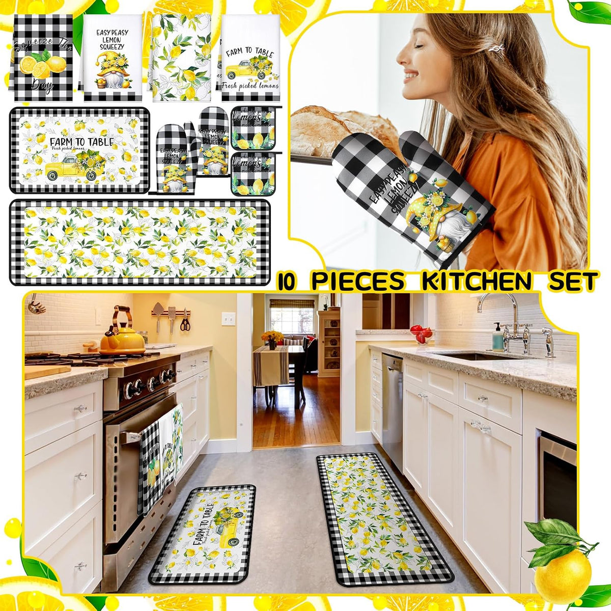 Fourluoo 10 Pcs Lemon Kitchen Decor Set Black Plaid Yellow Lemon