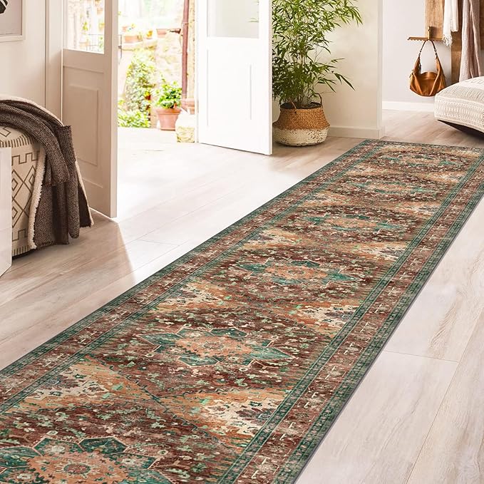 Washable Runner Rug, Stain Resistant & Low Pile Faux Wool Distressed Carpet - Image 5