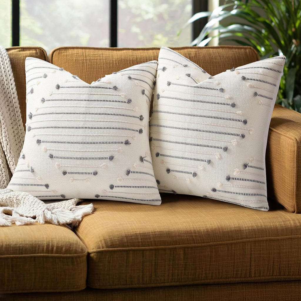 Mecatny Boho Outdoor Throw Pillow Covers 18x18 Set of 2 Beige & Grey