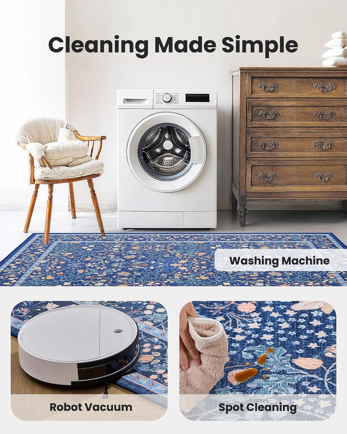 Amada Floral Washable Area Rug,5'x7',Dark Blue