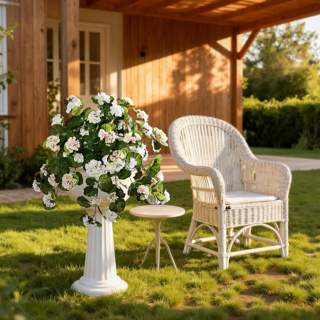 Artificial Geranium Flowers for Outdoor 2 Pcs Artificial White Flower Fake Flowers with Stems Silk Realistic Look Real Floral Arrangement for Front Door Porch Planter Patio Balcony (2 Pcs White)