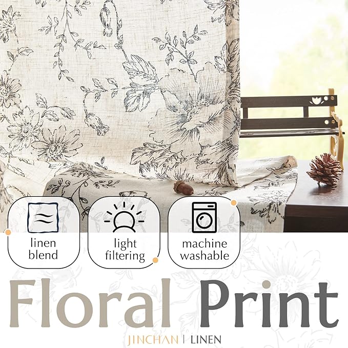 jinchan Linen Floral Curtains 63 Inch Length - Image 2