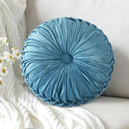 HIG Set of 2 Dusty Blue Ruched Velvet Round Throw Pillows – 14.5’’ Decorative - Image 2