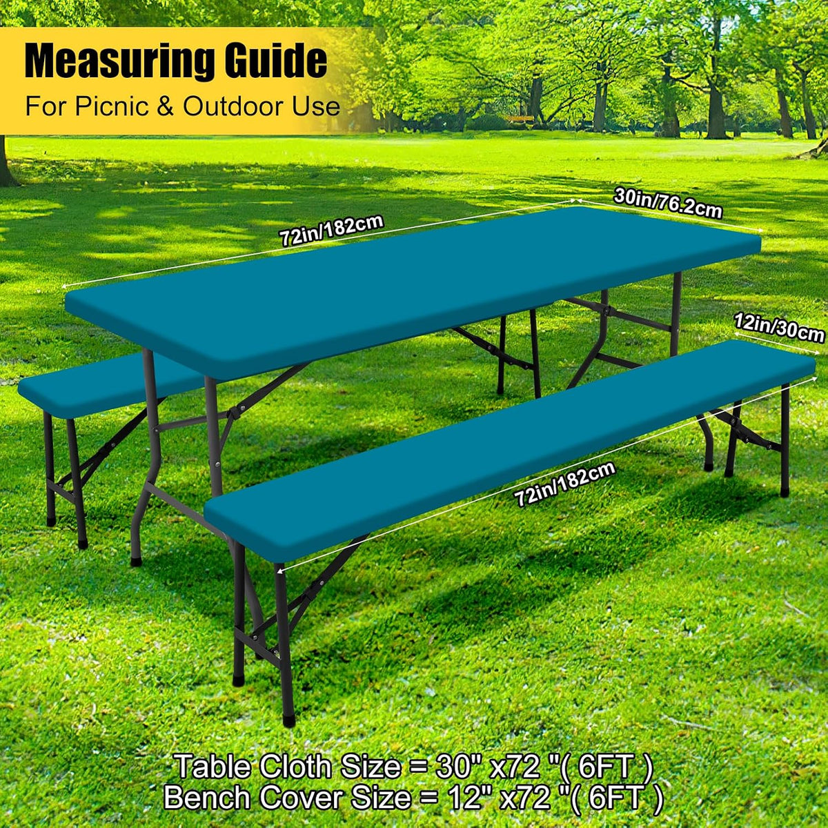 Smiry Picnic Table Cover with Bench Covers, Waterproof Elastic Fitted Polyester Tablecloths for 6 Ft Rectangle Tables, Washable Windproof Tablecloth for Camping, RV & Outdoor (Turquoise, 30x72 Inches)