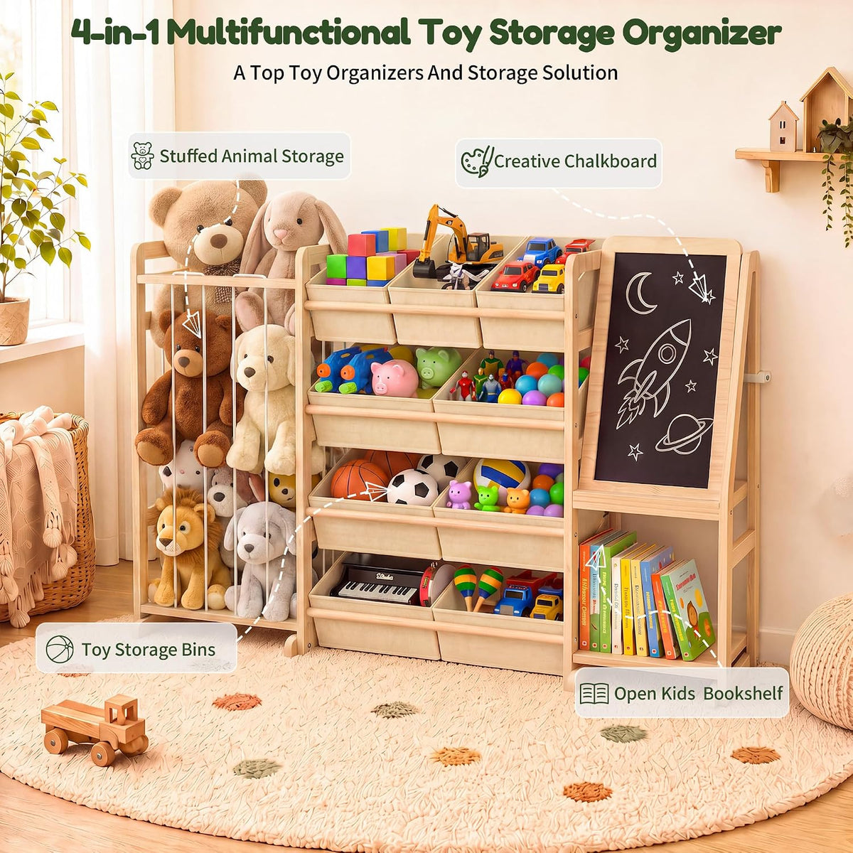 Multifunctional Toy Storage Organizer with Chalkboard: 4-in-1 Design