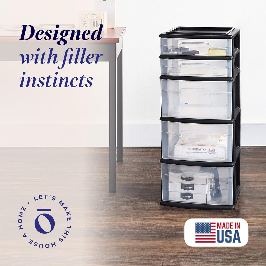 HOMZ Drawer Tower, 5-Tier Storage Organizer Unit, Black Frame