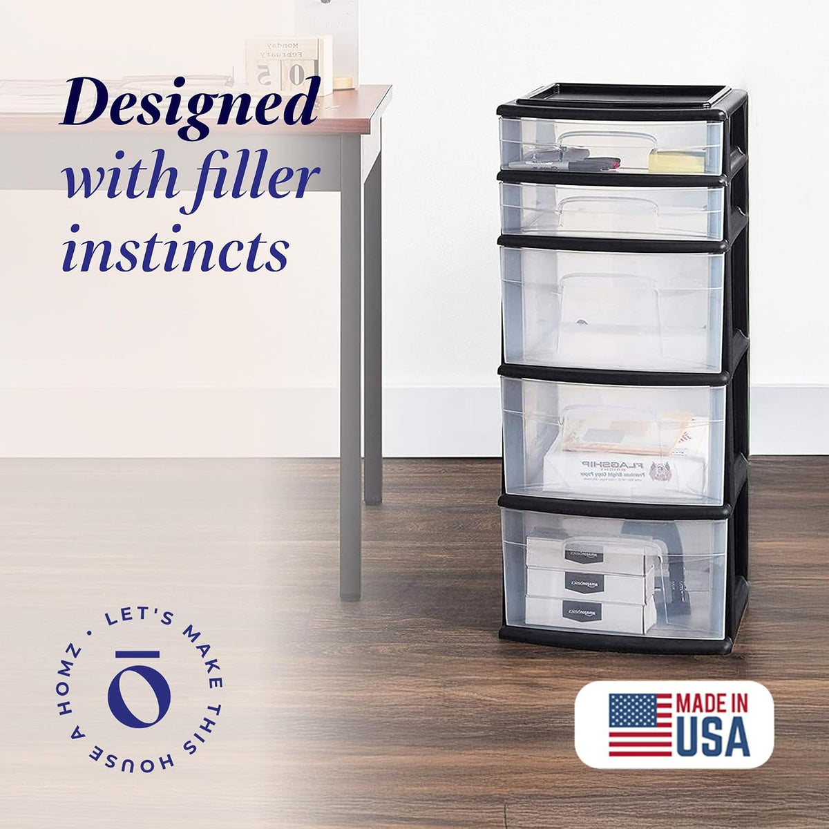 HOMZ Drawer Tower, 5-Tier Storage Organizer Unit, Black Frame