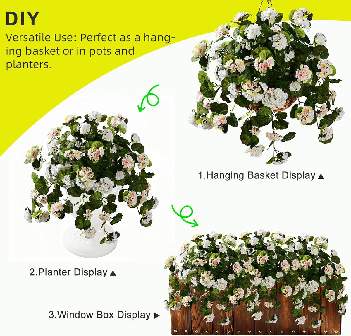 Artificial Geranium Flowers for Outdoor 2 Pcs Artificial White Flower Fake Flowers with Stems Silk Realistic Look Real Floral Arrangement for Front Door Porch Planter Patio Balcony (2 Pcs White)