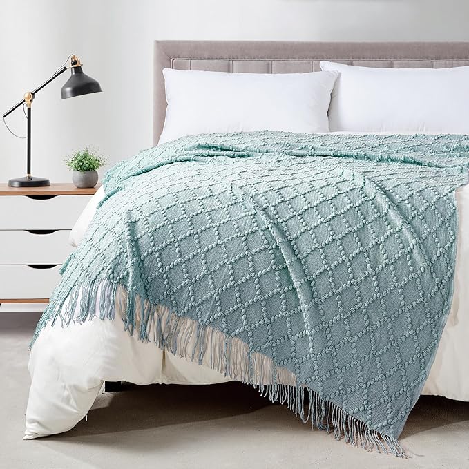 BOURINA Aqua Throw Blanket 50 x70 Inches Jacquard Argyle Throw Textured Solid by BOURINA