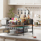 Coffee Bar Organizer for Countertop, Coffee Station Organizer with Removable Dividers, Metal and Wood K Cup Holder Storage Basket for Pods, Syrup, Stirrer and Condiment, Black and Brown