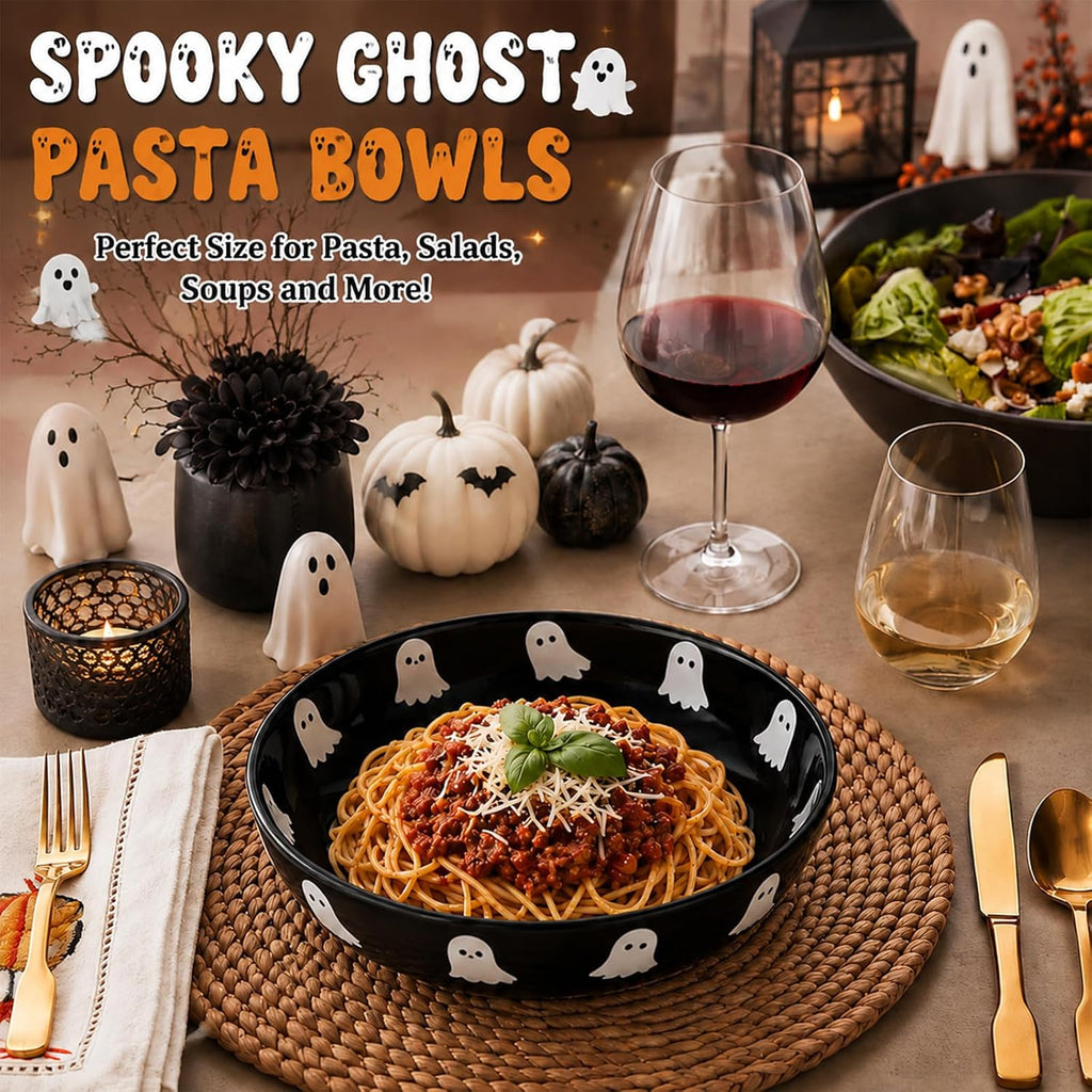 4 Pcs Halloween Ghost Ceramic Pasta Bowls Microwave & Dishwasher Safe, 40oz
