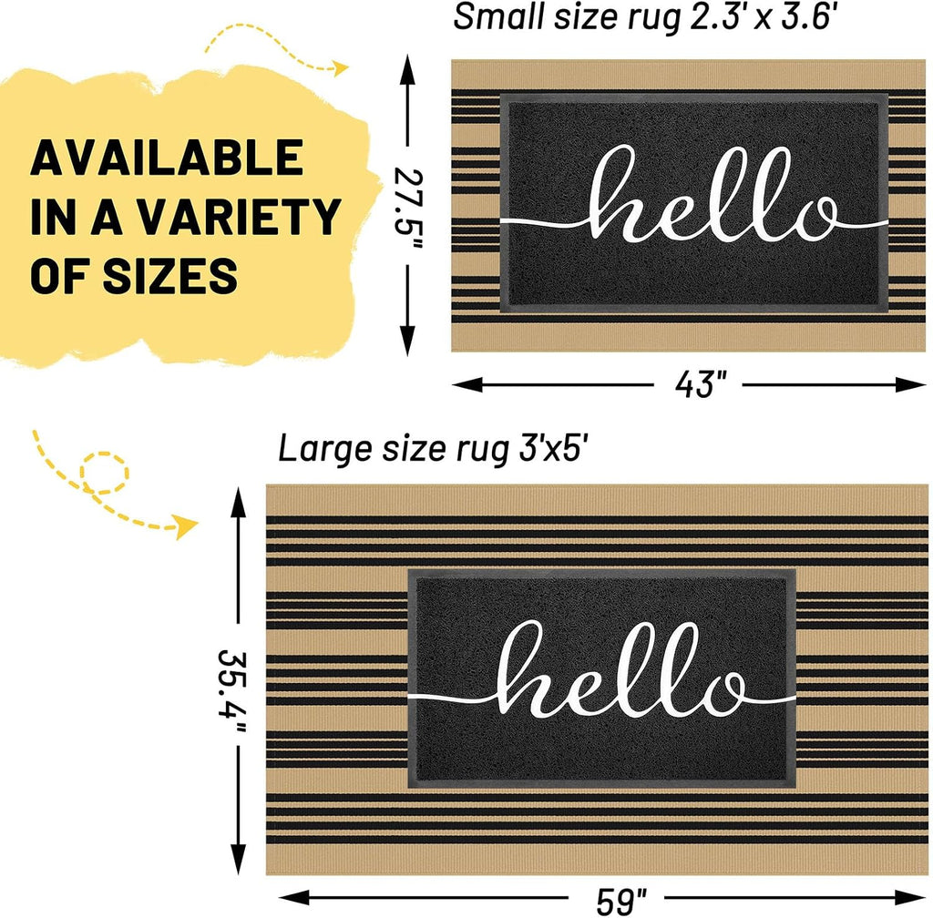 KILOCOCO Striped Rug 3x5 ft Washable Woven Front Door Rug, Brown and Black