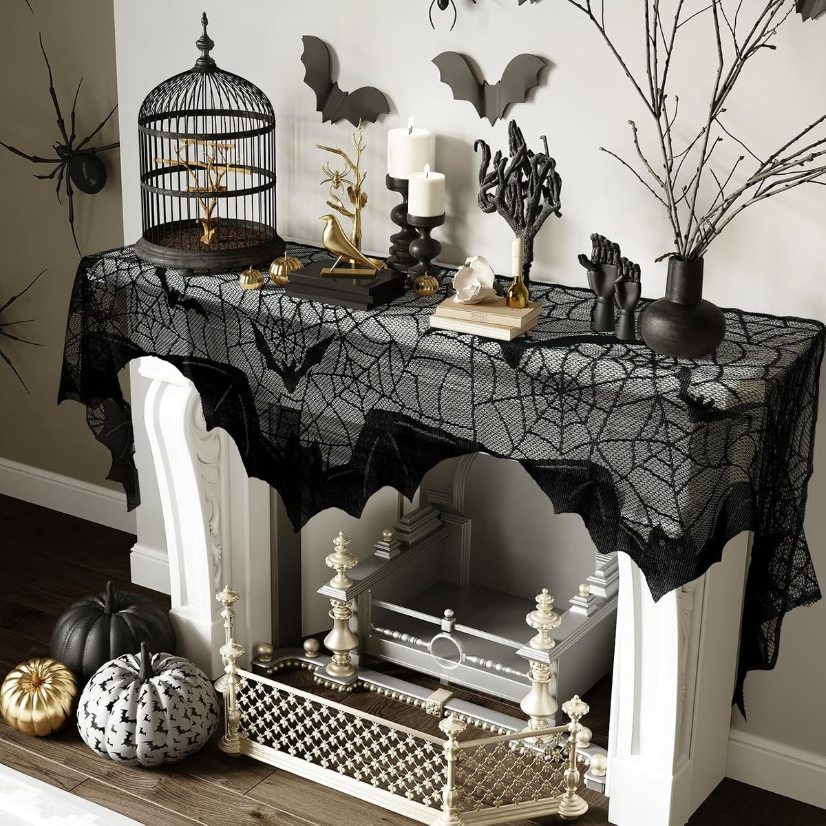 AerWo Halloween Decorations Indoor Fireplace Mantel Scarf, Black Lace Spiderweb Fireplace Cover for Halloween Mantle Decor Festive Party Supplies,20x79 inches