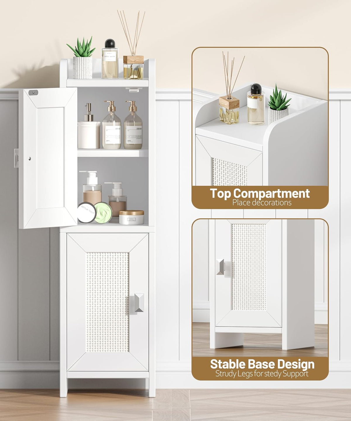 Akxomel Rattan Small Bathroom Cabinet Narrow Toilet Paper Organizer White