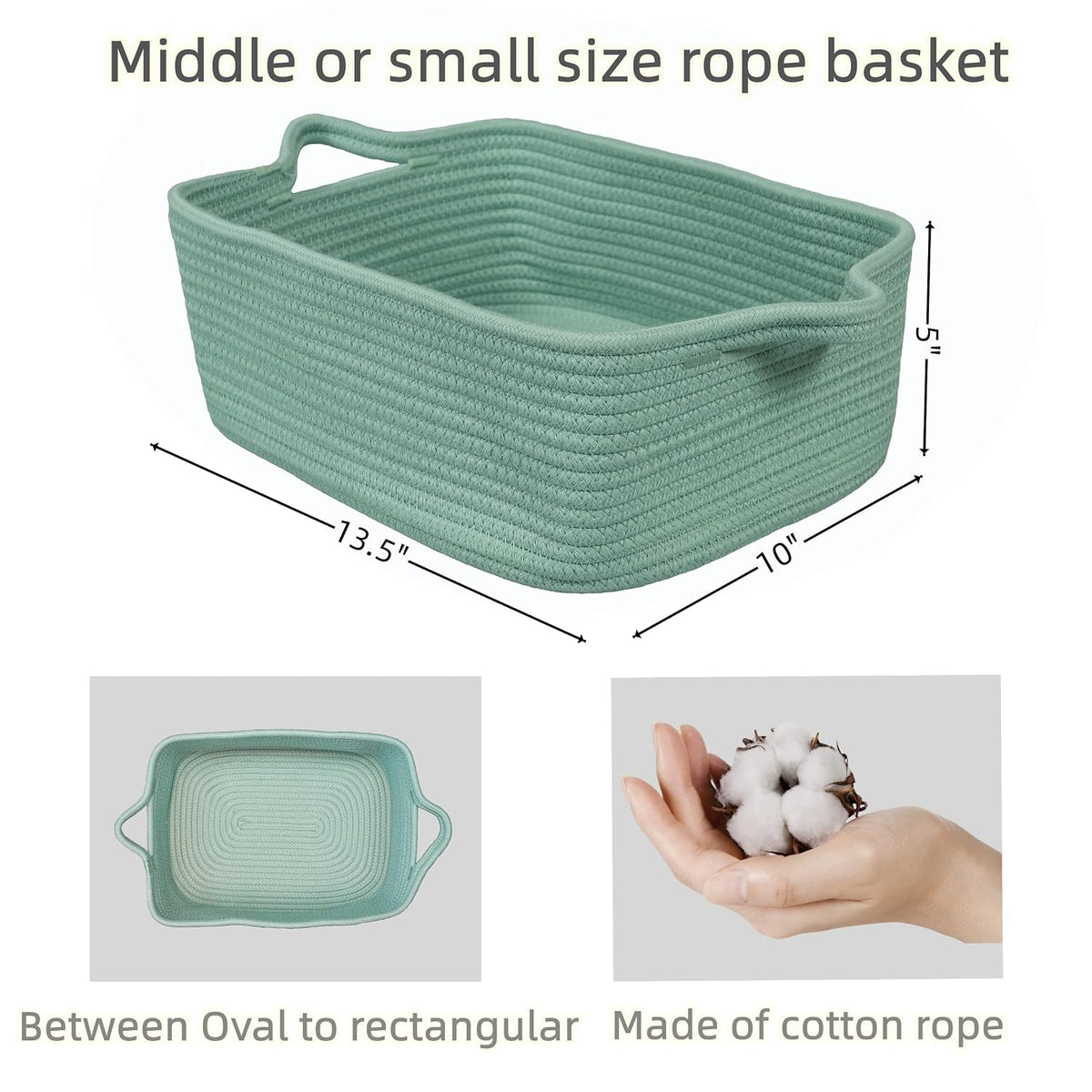 XUANGUO Medium Woven Cotton Rope Storage Basket with Handles, Light Green