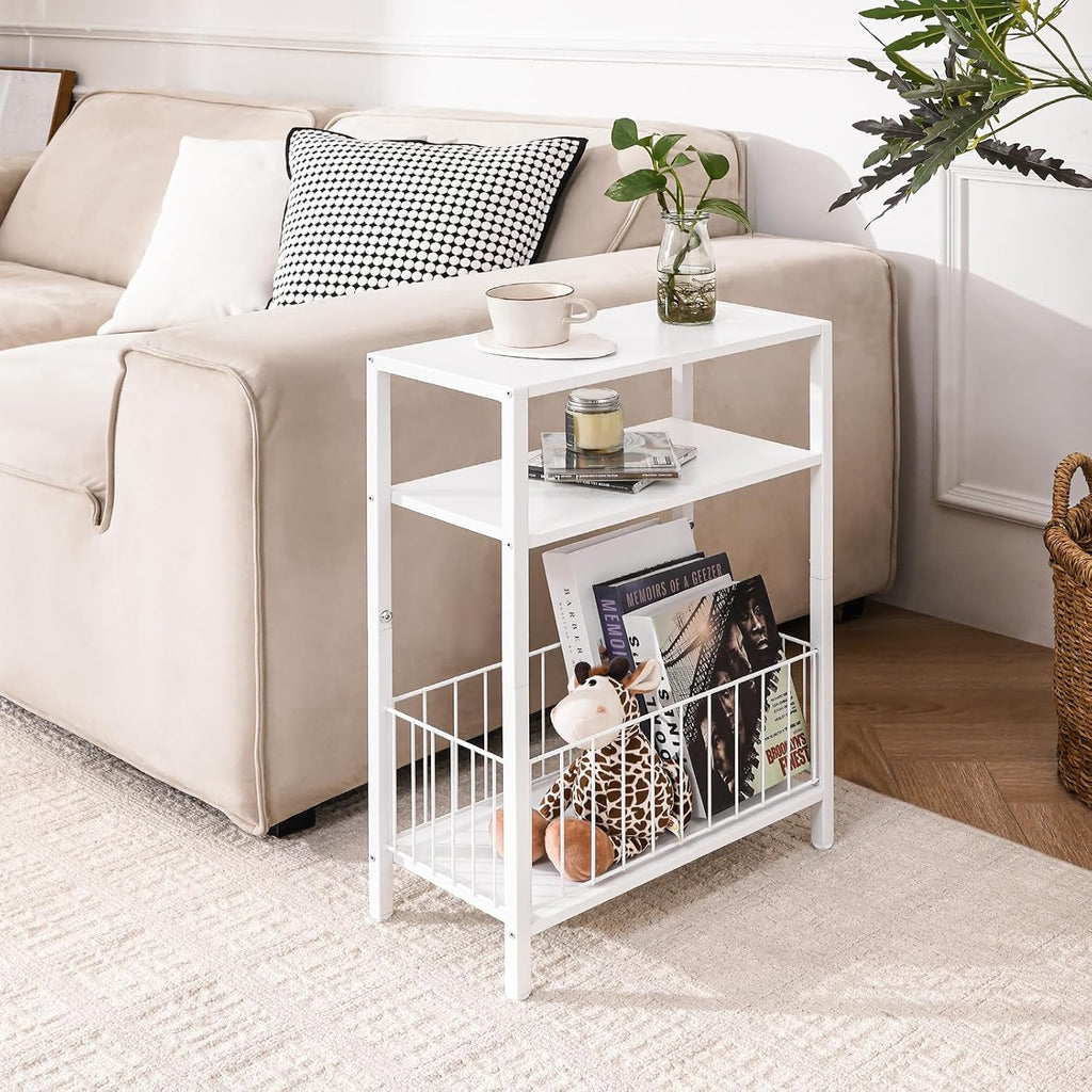 Narrow Side Table with Storage Basket Small End Table for Small Space,White