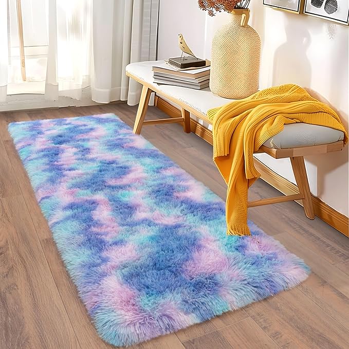 Soft Runner Rugs for Bedroom Hallways, 2x6 Purple Rainbow Fluffy Shag Throw - Image 4
