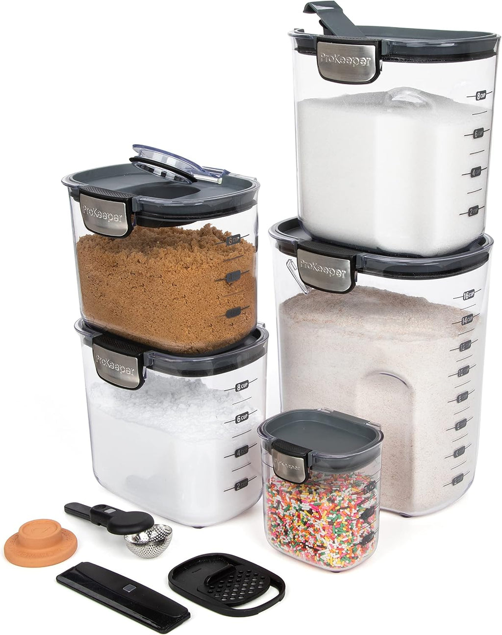 ProKeeper+ Airtight Food Storage Container Set – Clear Plastic Flour and Sugar Canister Set with Magnetic Accessories for Kitchen Organization (Grey, 9-Piece)