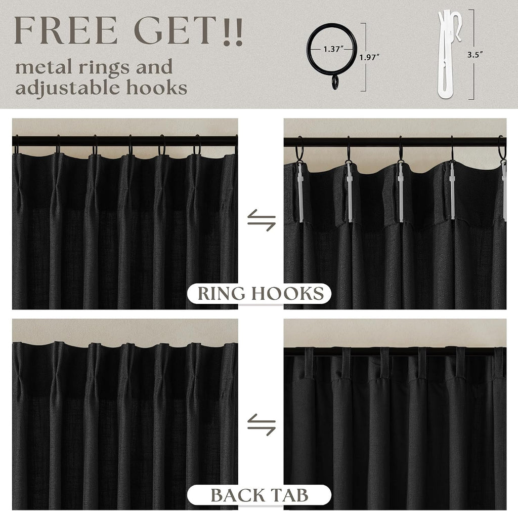 TWODRAPES Black Pinch Pleated Linen Semi Sheer 84 Inch Curtains 2 Panels