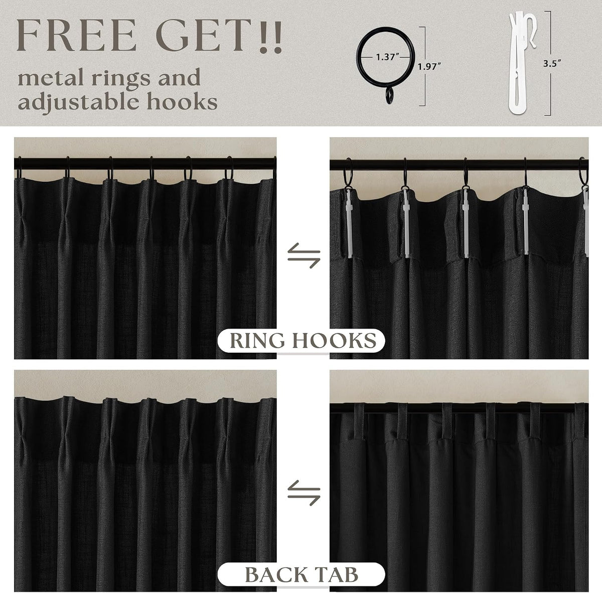 TWODRAPES Black Pinch Pleated Linen Semi Sheer 84 Inch Curtains 2 Panels