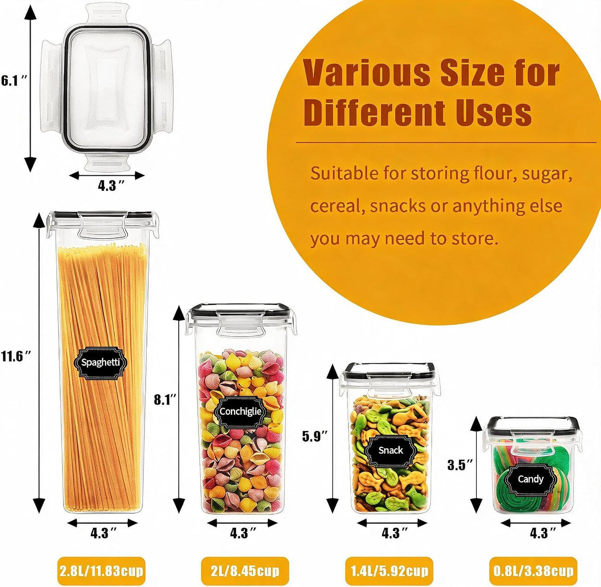Wildone Airtight Food Storage Containers with Lids, 14PC Plastic Kitchen Storage Containers for Pantry Organization and Storage, Cereal, Flour and Sugar Containers, Include 20 Labels & Pen