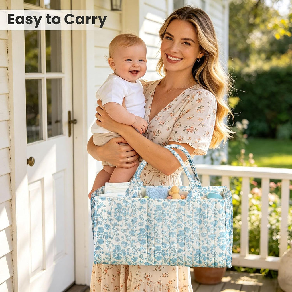 Diaper Caddy Organizer,Cute Floral Nursery Storage Basket,Soft Portable Changing Table Car Caddy Organizer Gift (Blue Floral B)