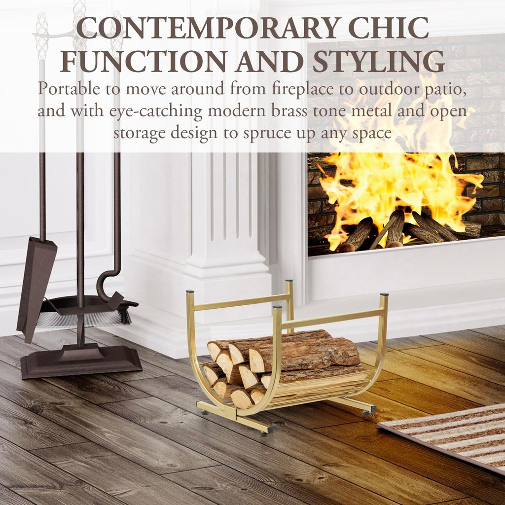 MyGift Modern Firewood Storage Rack with Brass Tone Metal U-Shape Frame, Compact Freestanding Fireplace Fire Starter Kindling Split Log Holder Elevated Wood Caddy