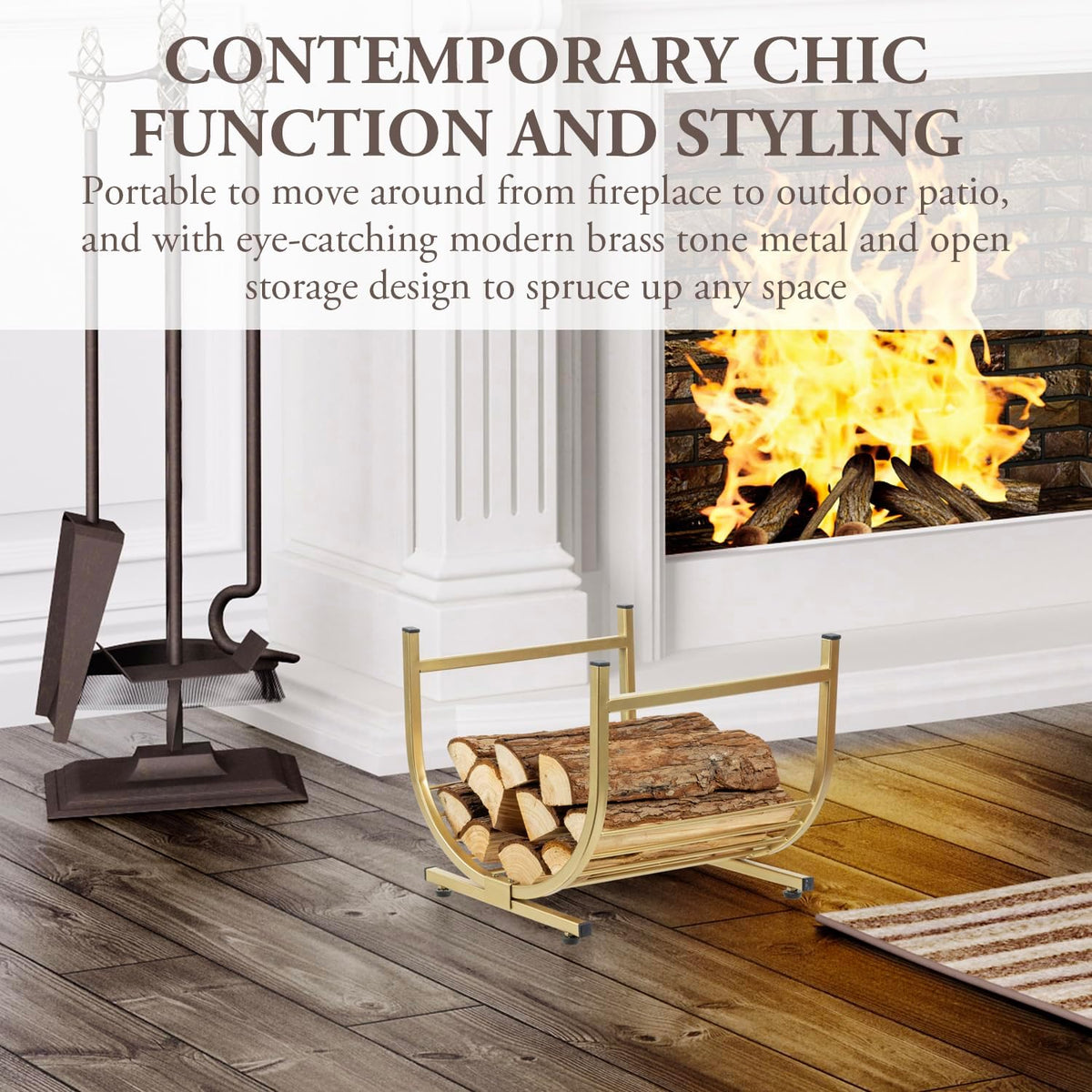 MyGift Modern Firewood Storage Rack with Brass Tone Metal U-Shape Frame, Compact Freestanding Fireplace Fire Starter Kindling Split Log Holder Elevated Wood Caddy