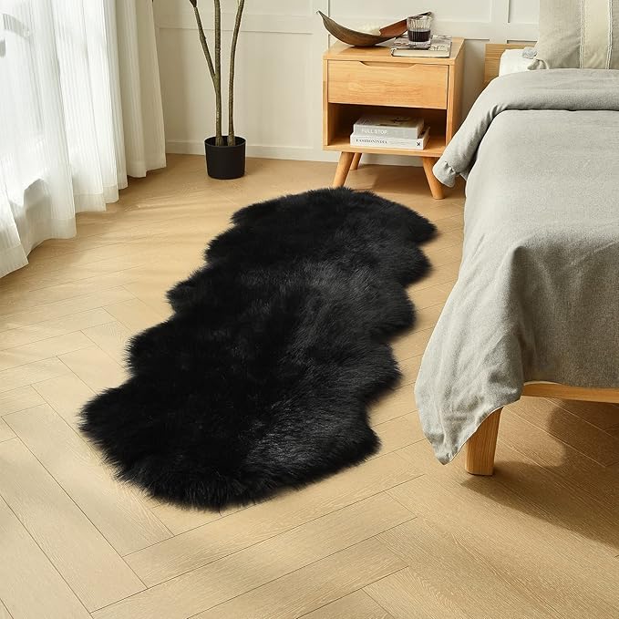 duduta Black Faux Sheepskin Runner Rugs 2x6 ft, Fluffy Shag Bedroom Rug Fur by duduta