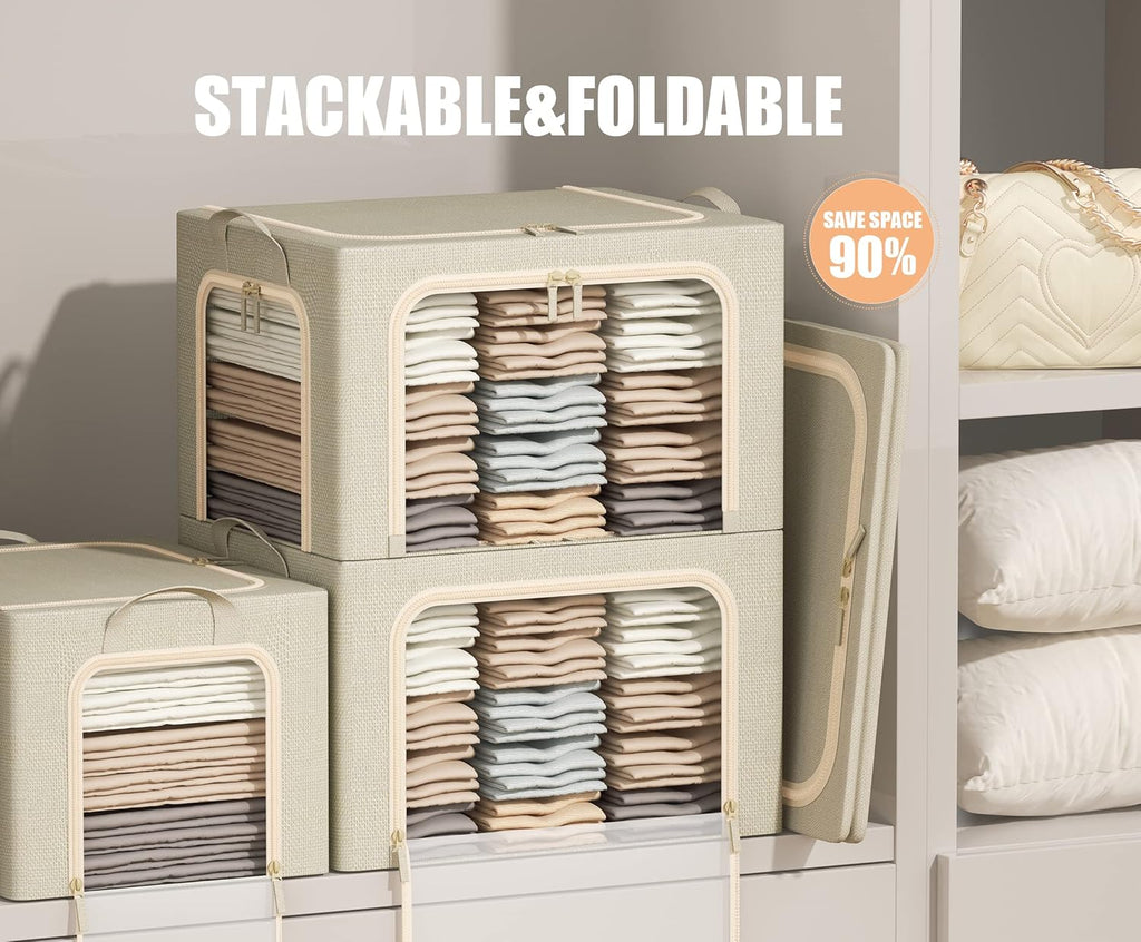 3 Openings Clothes Storage Bins with Metal Frame, Foldable Storage Bin for Clothes, Clothing Storage Bins with Lid, Linen Storage Box With Clear Window＆ Zippers＆ Durable Handles.(3 Pcs ,Beige,40L)