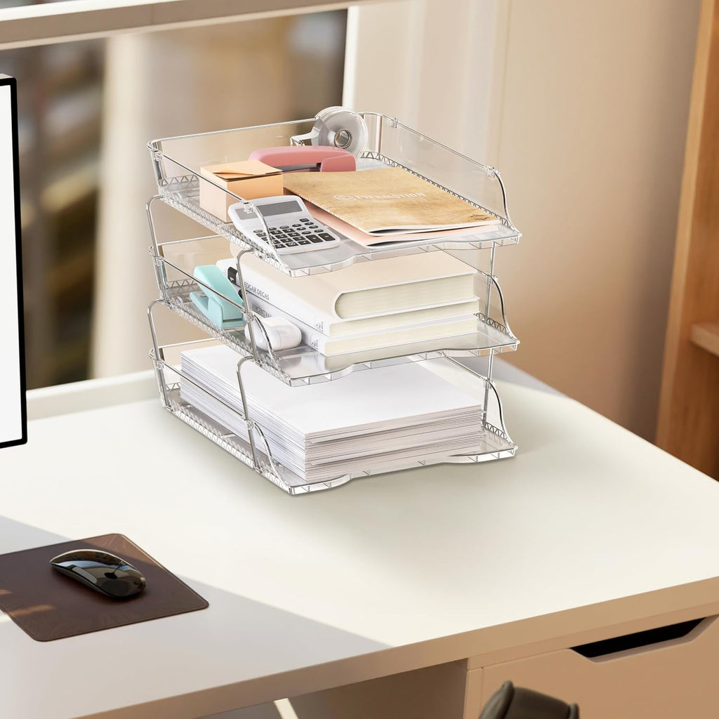 Simple Houseware 3-Tier Stackable Paper Tray for Desk Organizer, Clear